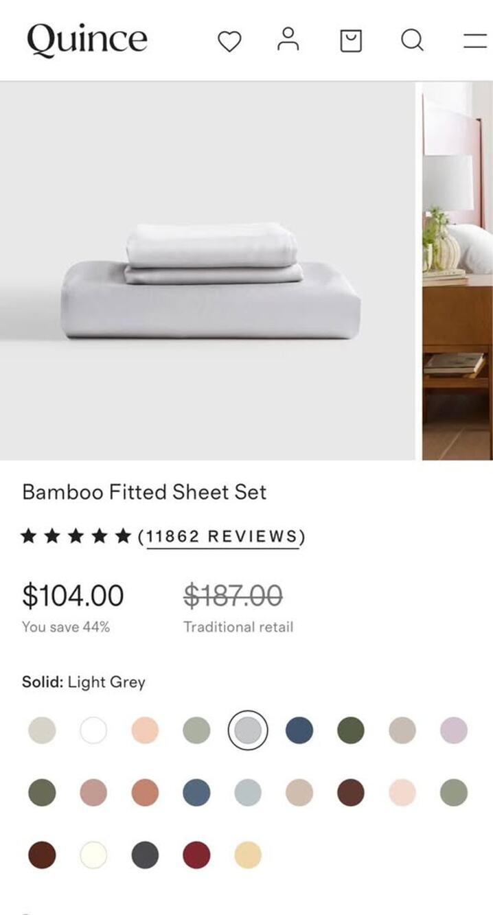 Quince Bamboo Queen Size fitted sheet and 2 pillow cases in light gray